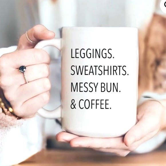 Leggings, Sweatshirts , Messy bun and coffee, Mug. Printed both sides Made in 🇨🇦 - Picture 1 of 1
